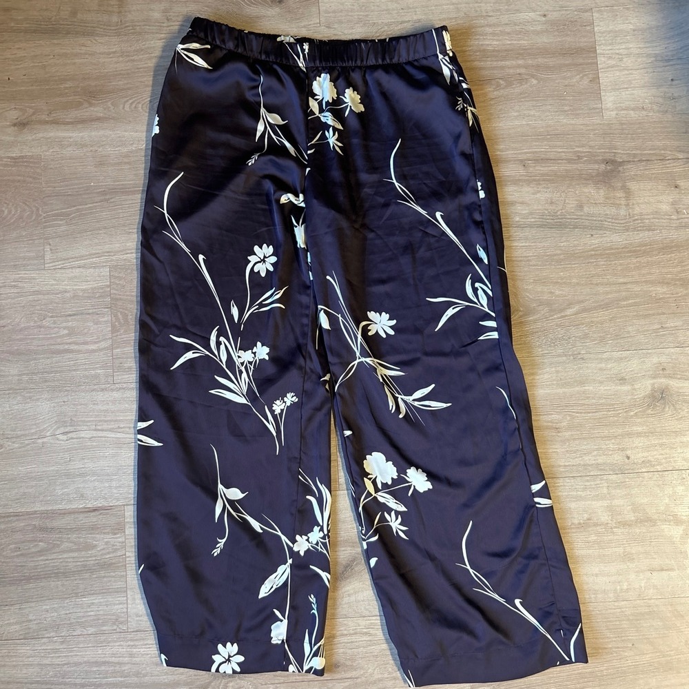 A New Day Women Brows Floral Satin Wide Leg Pants Elastic Waist Size L